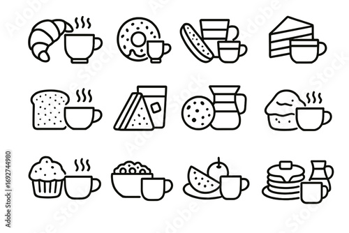 Coffee Pairing Icons. Line style icons of coffee pairings: croissant and cup, donut and espresso, biscotti and macchiato, cake