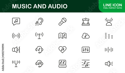 Music and Audio Professional Line Icon Set – Modern Minimalist Vector Symbols for Playlists and Sound