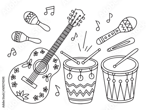 Colorful Musical Instruments: Guitar, Maracas, and Drums with Musical Notes, Hand-Drawn Design
