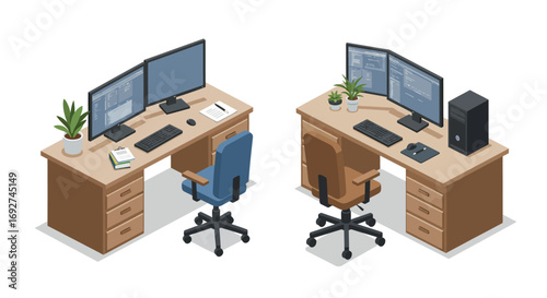 Modern office workspace with dual monitors and ergonomic chairs in isometric design