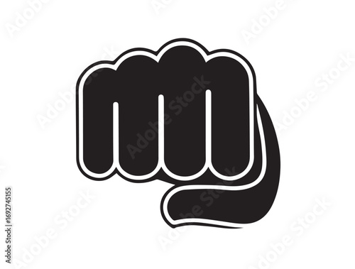 Black Fist Icon with White Outline on White Background Keywords: fist, hand, power, strength, punch, impact, symbol, icon, graphic, design, black, white, outline, bold, simple, gesture, protest