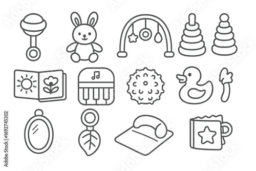 Baby Playtime Icons. Line style icons of playtime items: rattle, soft plushie, play gym, stacking rings; fabric book, musical toy,