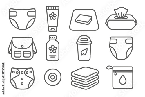 Diapering Essentials Icons. Line style icons of diapering items: diaper, diaper cream, changing mat, wipes pack; diaper bag, baby
