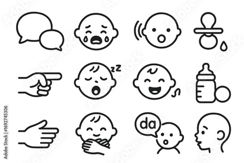 Baby Communication Icons. Line style icons of baby communication: baby talk bubble, crying face, cooing sound icon, pacifier drop;
