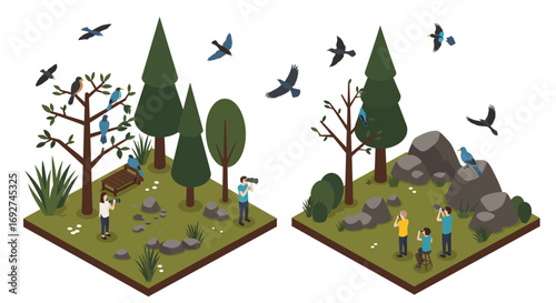 Isometric bird watching scenes with nature enthusiasts in forest settings