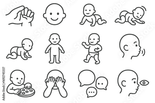 Baby Development Icons. Line style icons of baby development: hand grasp, smile milestone, head lift, rolling motion; crawl pose,