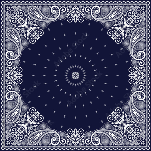 Bandana paisley square ethnic floral hand drawn pattern.Ornament classic vintage vector elements white on navy blue background.Design for scarf,headscarf,kerchief,tablecloth,print fabric,decoration.