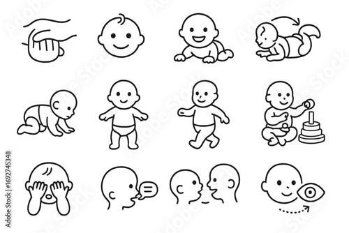 Baby Development Icons. Line style icons of baby development: hand grasp, smile milestone, head lift, rolling motion; crawl pose,