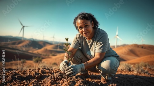 South African eco-activist planting an acacia sapling in windswept hills near wind turbines, symbolizing sustainable living.