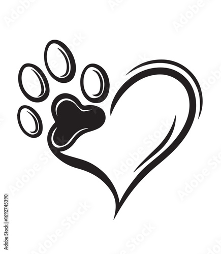 Black Outline of a Paw Print Inside a Heart Shape with Swirls animal