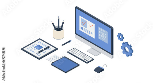 Modern office workspace with digital devices and stationery in 3d isometric style