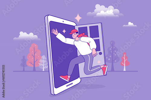 A man leaps from a smartphone screen through an open door into a new world. This dynamic vector concept represents digital freedom, online opportunities, and seamless access to virtual experiences.