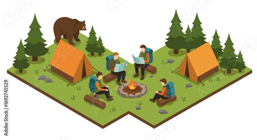 Isometric camping scene with hikers and tents in forest setting