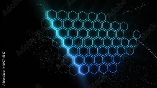 Futuristic glowing blue hexagon grid pattern animation on black background for technology concept