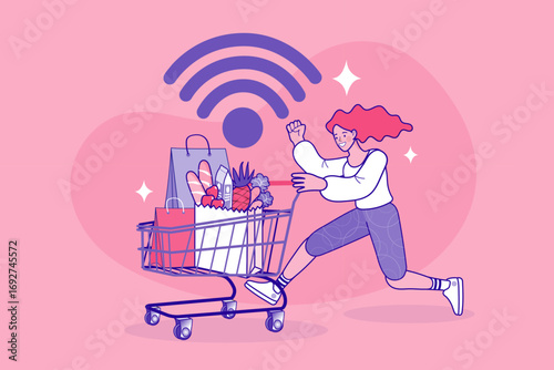 An energetic woman pushes a grocery cart under a large Wi-Fi symbol, celebrating the speed of online food shopping. This concept illustrates fast delivery services and e-commerce convenience.