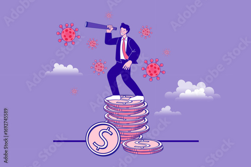 A businessman on a stack of coins uses a telescope to navigate a crisis caused by viruses. This concept symbolizes economic forecasting, investment strategy, and finding opportunity in a pandemic.