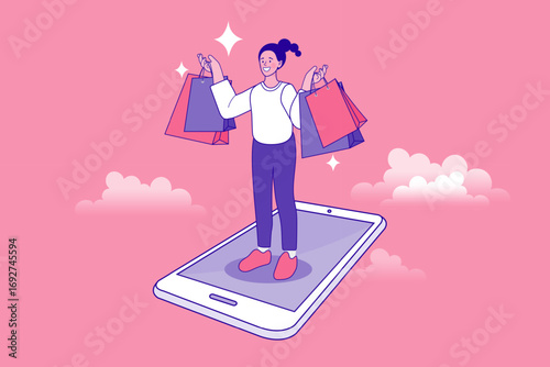 A happy woman stands on a giant smartphone, celebrating a successful shopping haul with many bags. This concept illustrates the joy and convenience of e-commerce and mobile retail apps.