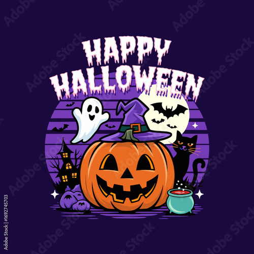 2d vector illustration Halloween t shirt icon design items ghost character Candles in carved pumpkin 