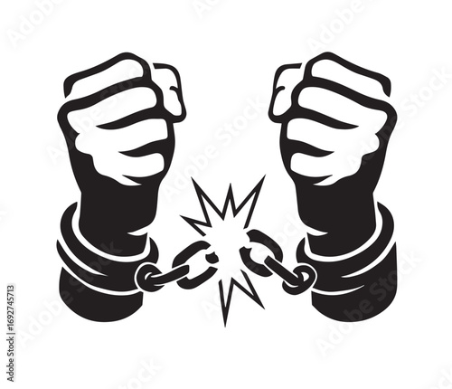 Black Silhouette of Two Fists Breaking Chains on White Background Keywords: freedom, liberation, breaking chains, hands, fists, strength, power, resistance, struggle, overcoming, emancipation