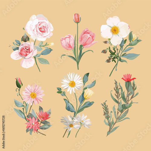Wallpaper Mural Vintage floral watercolor clipart, wildflower bouquet with chamomile and roses, rustic botanical vectpr elements Torontodigital.ca