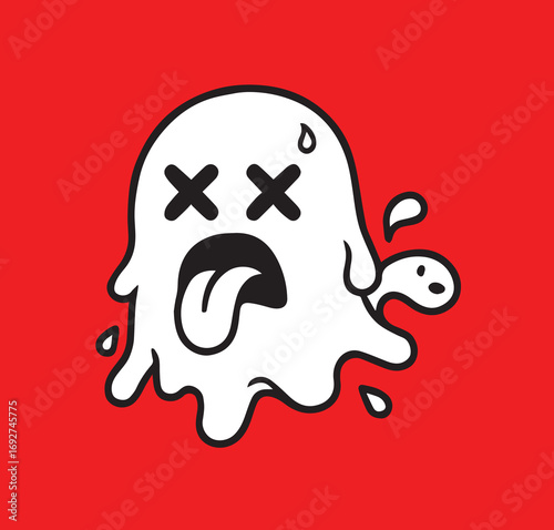 Cartoon Ghost Character with Crossed Eyes and Tongue Out on Red Background spooky halloween