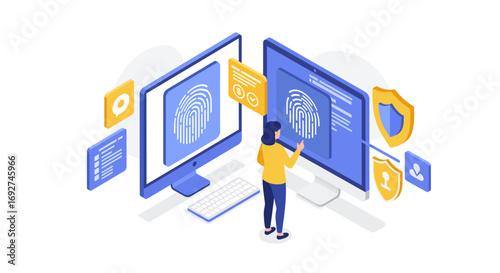 Isometric digital security concept with biometric authentication interface
