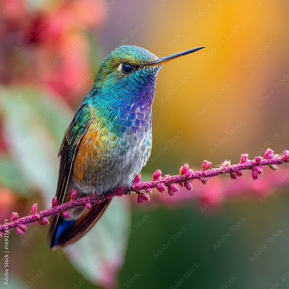 Fototapeta premium Macro hyper detailed hummingbird perched flower stem iridescent colors glowing in bright sunlight blurred background