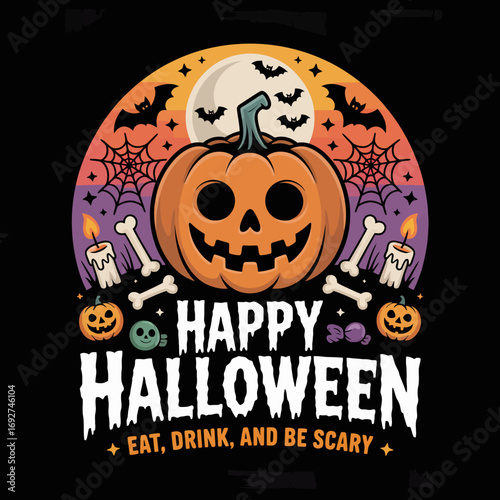 2d vector illustration Halloween t shirt icon design items ghost character Candles in carved pumpkin 