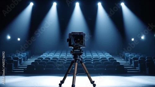 Dramatic stage with camera ready to film a performance with professional lighting and empty seats
