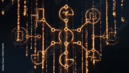 Elegant golden particles flowing smoothly across a dark backdrop create a dynamic abstract effect