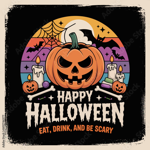 2d vector illustration Halloween t shirt icon design items ghost character Candles in carved pumpkin 