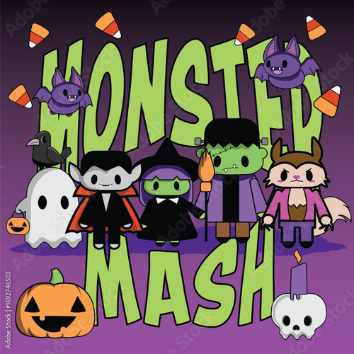 Cute Monster Mash illustration, Halloween Cartoon Characters Illustration