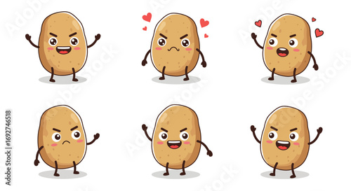 Cute kawaii potato characters with different emotions and expressions on white background