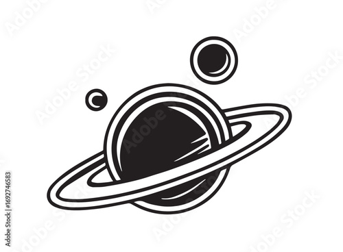 Stylized planet with rings and moons in black and white vector art space cosmos