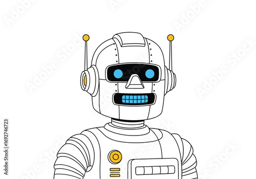 A vintage style line art drawing of a retro futuristic robot face with blue eyes and antennae