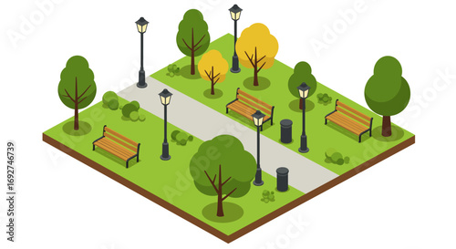 Isometric park scene with benches and trees in autumn setting
