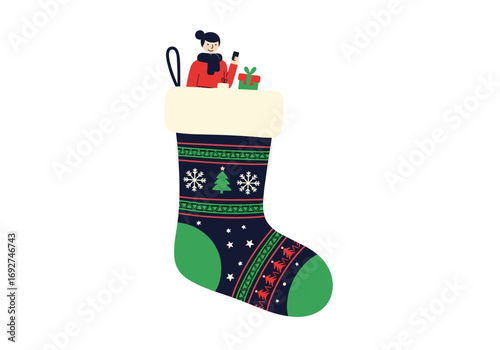 Christmas stocking filled with holiday gifts and a person using a mobile phone