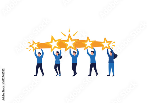 Teamwork achieves success by holding up a garland of five golden stars for recognition and achievement