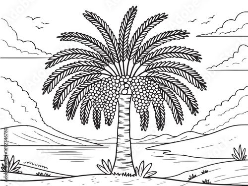 Line-art illustration of a palm tree in a desert landscape with birds flying in the sky, rolling hills, and scattered plants, creating a peaceful and serene nature scene.