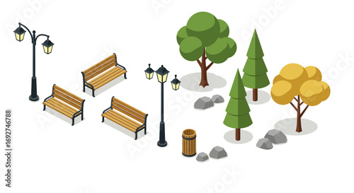 Isometric park elements with benches and trees for urban landscapes