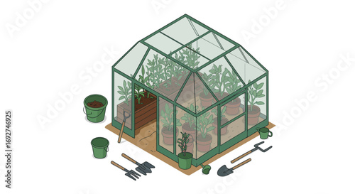 Isometric greenhouse with gardening tools and plants