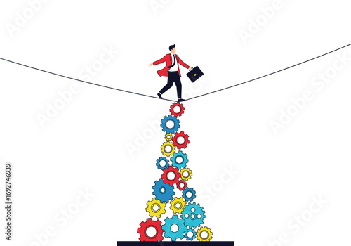 Businessman carefully walking on rope balancing on stack of colorful gears strategy concept
