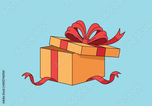 A surprise gift box tied with red ribbon and bow on a light blue background