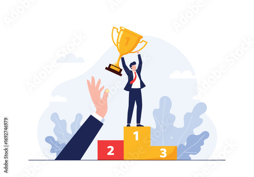 Businessman on a podium holding a trophy celebrating winning first place award