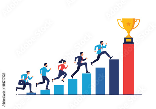 People running up stairs towards a trophy symbolizing success and goals achievement