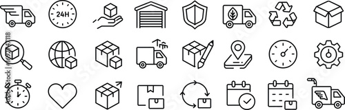 Shipping and delivery icon set with logistics, warehouse, package tracking, courier, express service, supply chain, parcel, ecommerce