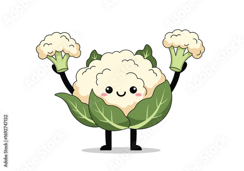 Cute cartoon cauliflower character lifting florets in excitement and joyful celebration