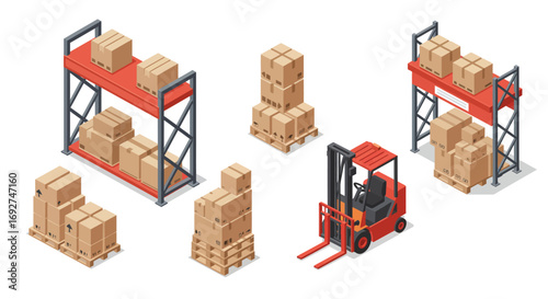 Isometric warehouse equipment and boxes with forklift in a distribution center