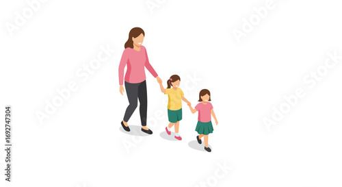 Isometric family walk: woman with two children strolling together