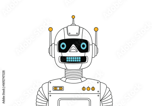 Retrofuturistic robot character design with clean lines and expressive blue eyes
